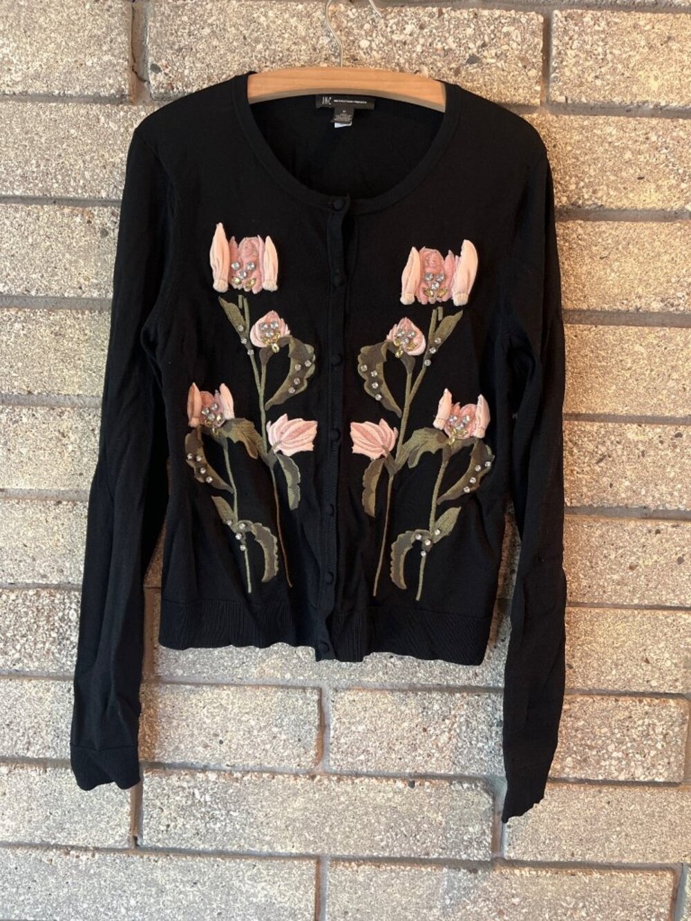 I.N.C. International Concepts Womens Black Embellished Floral Cardigan Sweater M